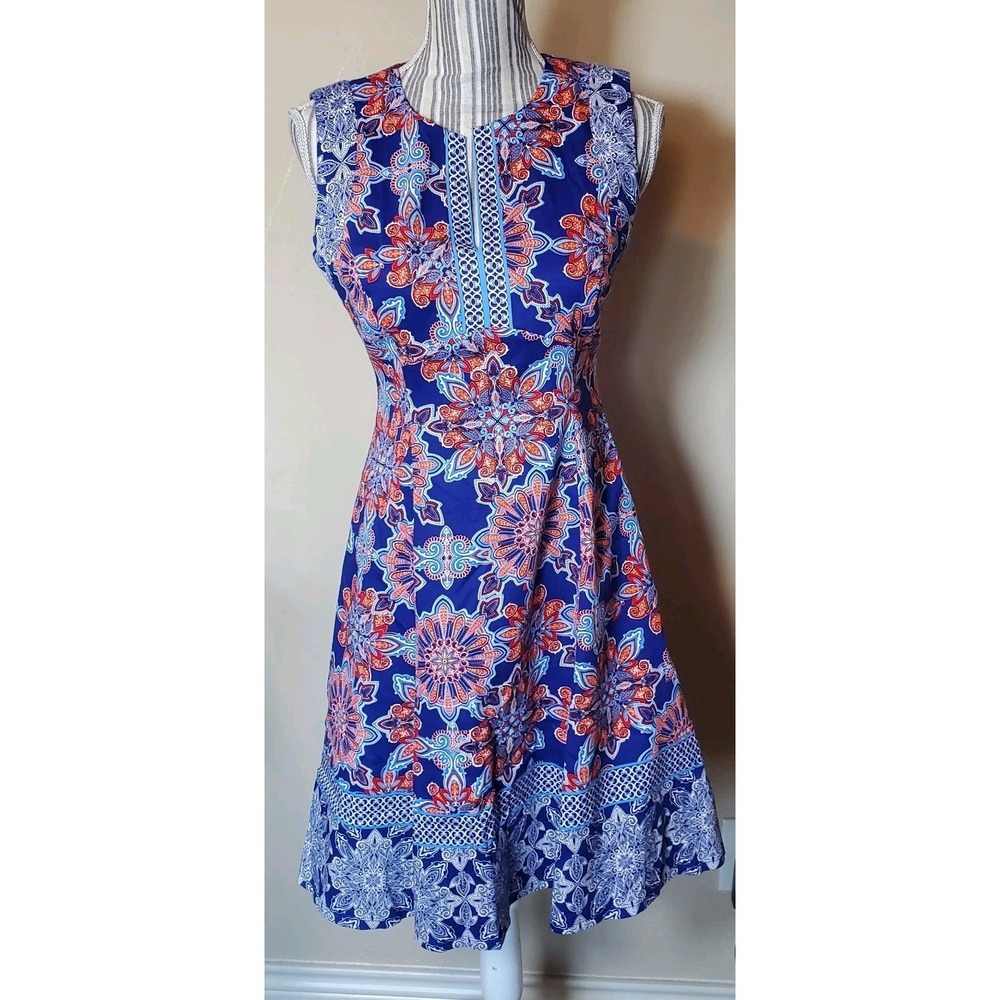 Adorne Blue Floral Split Neck Fit & Flare Dress Sz 4 Blue, Blood Orange Spring